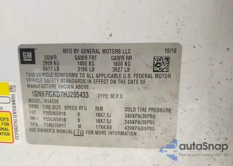 2017 Chevrolet Traverse 1Lt from USA, damaged, VIN 1GNKRGKD7HJ205433